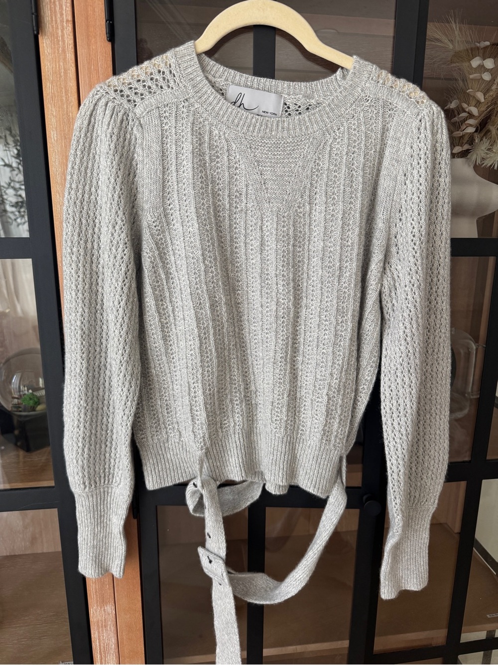 DH New York linen cashmere sweater crewneck cableknit belted heather grey open